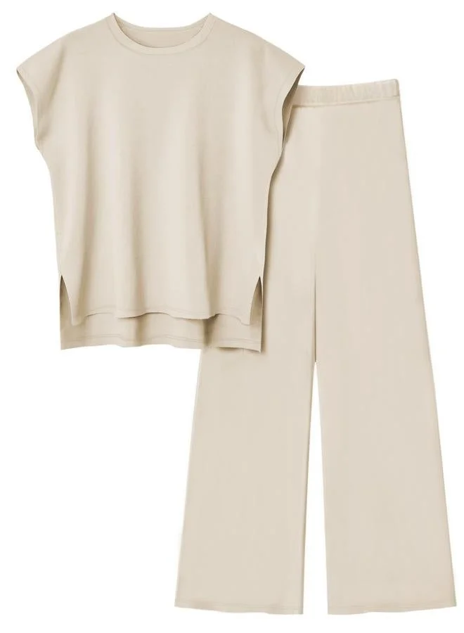 تايك تو طقم بلوزة بلا أكمام وبنطال بأرجل واسعة بيج للنساء